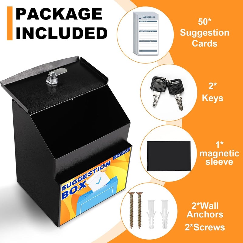 LINSIRON Suggestion Box with Slot and Lock Metal 8.4 x 5.8 x 7.0 inch Built-In Storage Compartment with Magnetic Sign Holder 50 Suggestion Cards Tip Jar Ballot Voting Prayer Comment Mailbox Teacher - Image 2